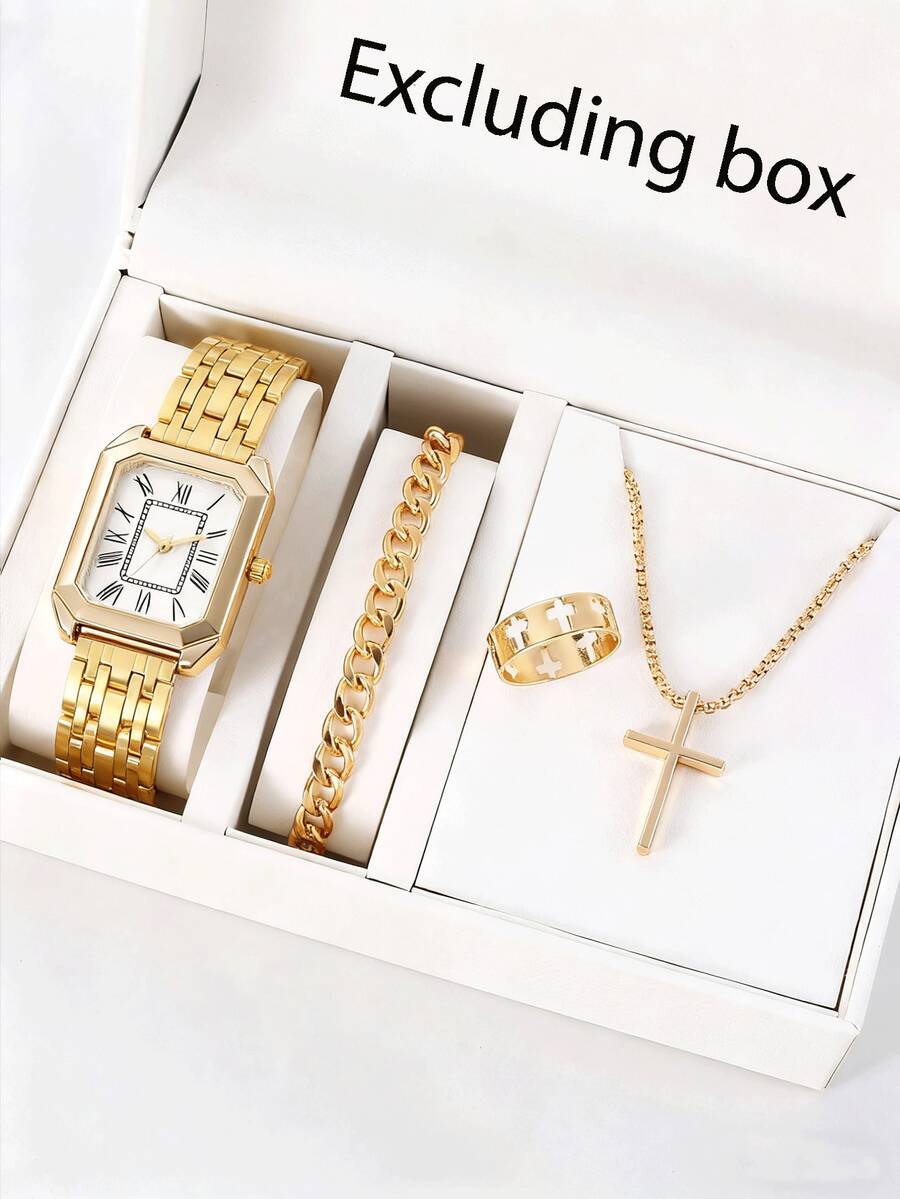 4 件套女士奢华钢带手表，女士时尚简约方形石英腕表套装 - 白色 - 查看 1