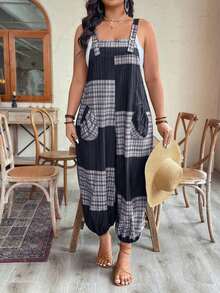 女士轻盈休闲宽松连体裤，适合海滩、日常通勤、居家、街头风、开学/毕业季穿着，格子图案，春夏优雅之选 - 黑與白 - 查看 6