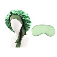 طقم من قبعة نوم طويلة الشعر للنساء بألوان سادة مع ربطات، قبعة مكياج بشرائط طويلة، وقناع نوم من الحرير الصناعي بلون سادة