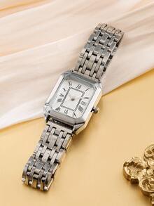 4 件套女士奢华钢带手表，女士时尚简约方形石英腕表套装 - 白色 - 查看 5