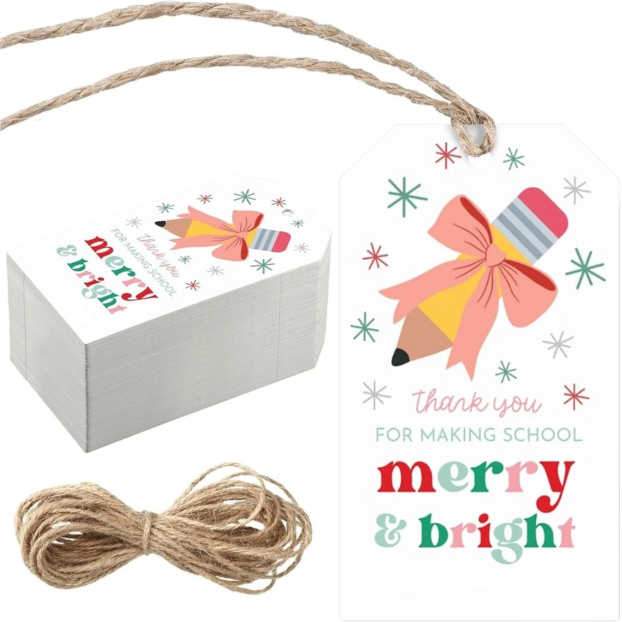 30 Piezas/10 Piezas Etiquetas de regalos de Navidad Gracias Feliz y brillante Etiquetas de Navidad Etiquetas de aprecio de Navidad con cuerda para envolver regalos de Navidad para maestros, compañeros de clase y decoración - Multicolor - Ver 1