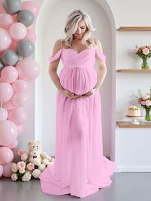 孕妇露肩及地摄影连衣裙