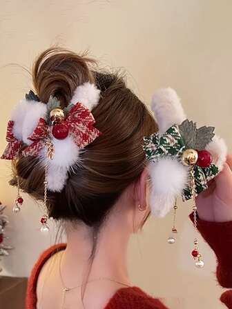 [1pc Christmas Hair Clips] 1pc Christmas Elegant Plush Bow Hair Claw Clips | Red & Green Rectangular Non-Slip Hair Claw With Faux Fur, Pine Leaves & Golden Accents For Women, Secure Hold For Updos, Parties, Holidays, Mother's Day, Easter Gifts