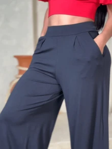 Visco Lycra Wide Leg Pants With Pockets - Black - View 3