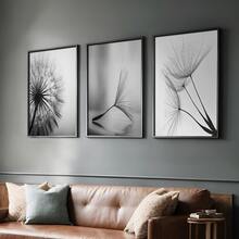 3pcs Unframed Modern Elegant Black&White Dandelion Flower Canvas Poster, Waterproof Canvas Wall Art, Aesthetic Room Decor, Artwork Wall Painting For Gift, Wall Picture For Living Room, Bedroom, Dining Room, Dorm, Home And Office Wall Decor
