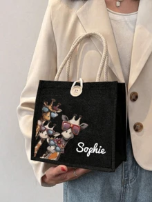 1 Pc Personalized Giraffe Pattern Custom Burlap Tote Bag, Large Capacity Printed Tote Bag, Personalized Gift Bag, Gift Bag Women Large Capacity Tote Bag Graduation Gift Letter Printed Fashion Tote Bag, School Gift, Lightweight Shopping Bag, Gift Colorful Pattern Tote Bag For Personal Use Or As A Gift Bag Women, Business Casual