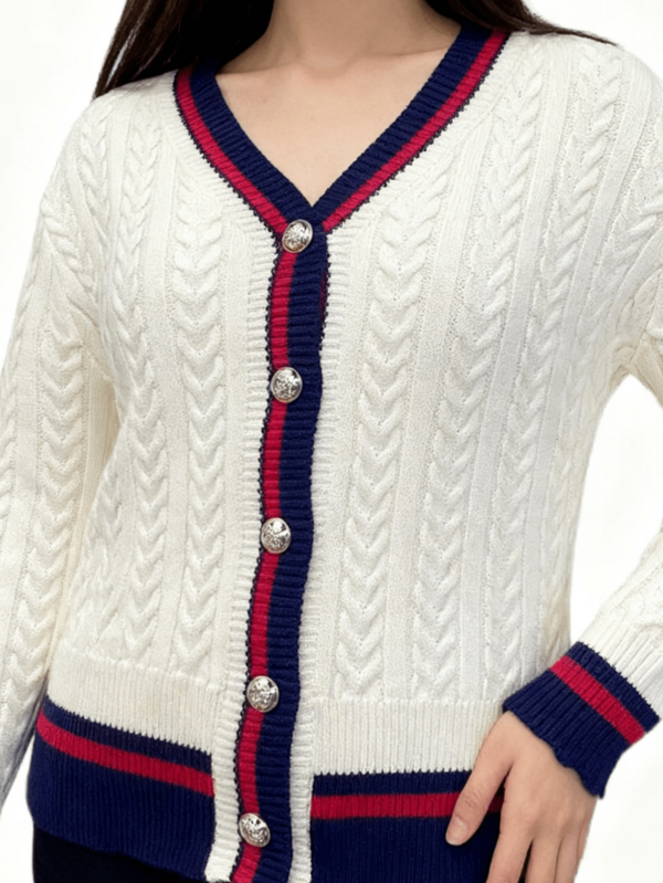 【复古撞色 & 精致纽扣】白色粗针织女开衫，V 领毛衣外套，学院风，大码，秋冬