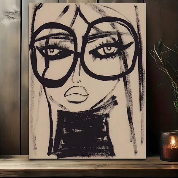 1pc Art Deco Abstract Woman With Glasses Canvas Art Print, Modern Black And White Pine Wood Framed Wall Hanging Decor For Home Office, Bedroom, Classroom - Indoor Monochrome Painting