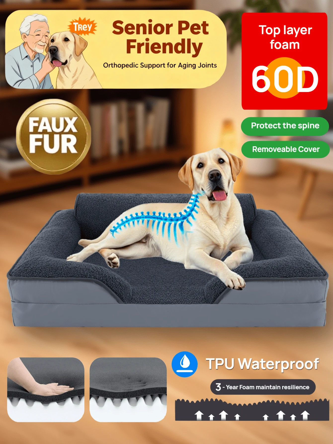 Orthopedic Dog Beds Large Sized Dog - Washable Large Dog Cat Bed Comfort Dogs Couch Sofa With Washable Removable Cover, Pet Bed With Nonskid Bottom. Orthopedic Support: Our Orthopedic Cat Sofa Is Designed To Give Your Pet Unparalleled Support For A Deep, Dreamy Sleep. High-Density Egg-Crate Foam Helps Distribute Weight Evenly And Provides The Perfect Amount Of Pressure Relief And Joint Support - Dark Grey - View 1
