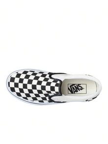 Vans 经典款男女休闲帆布一脚蹬运动鞋，透气舒适，加厚鞋领，加固鞋头，防滑橡胶鞋底，复古街头风，日常通勤百搭，棋盘格纹 VN000EYEBWW1 - 黑白板/白色 - 查看 3