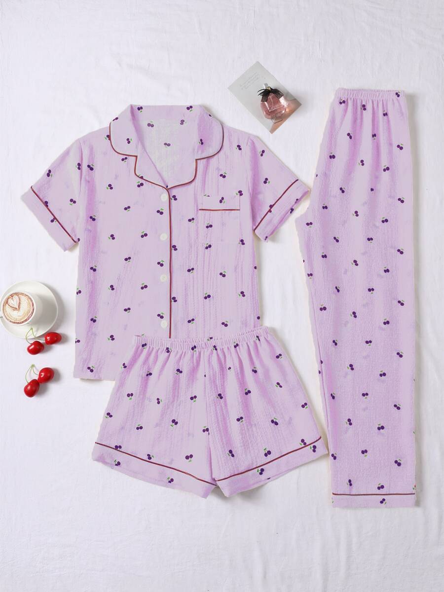 3pcs Bubble Crinkle Cherry Print Women Pajama Set - Short Sleeve Button Collar Top And Shorts + Long Pants - 紫羅蘭色 - 查看 1