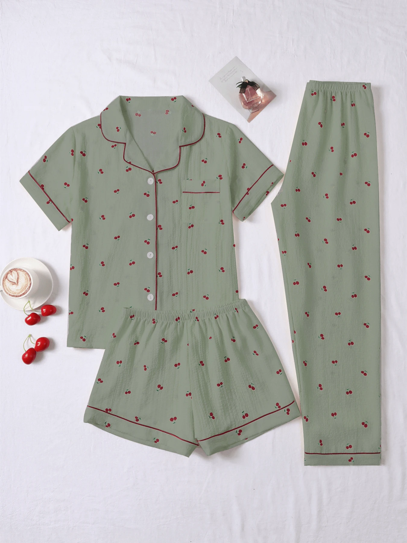 3pcs Bubble Crinkle Cherry Print Women Pajama Set - Short Sleeve Button Collar Top And Shorts + Long Pants - Green - View 1