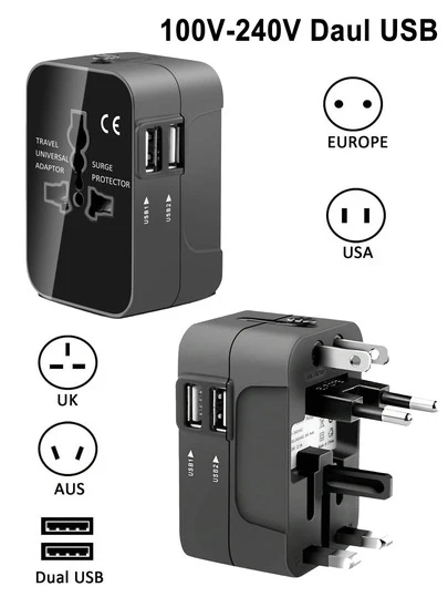 2pcs/4pcs Universal Travel Adapter, Dual USB Ports, 110V-240V Input, Power Adapter For Computer Accessories, US/EU/UK/AU Plugs, Surge Protection, Suitable For Over 150 Countries, Essential For Business Trip And Travel, For Laptop, Tablet, Notebook
