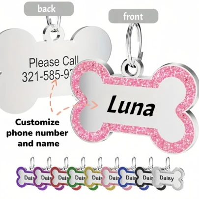 Customized Pet Tag Pendant, Personalized Cat Dog Puppy Pet ID Tag Pendant, Collar Pendant Pet Accessories Bone Glitter Pendant, The Perfect Gift For Your Pet, Decorative, Sequin Fashion Minimalist Cute, Colorful, Unique, Customized Christmas Decoration, Dog Name/ID Tag Personalized, Ideal Gift For Pet Lovers