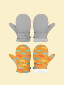 2 Pairs Toddler Boys And Girls Cartoon Print Mittens, Size M (1-2 Years Old), Waterproof Warm Winter Gloves For Outdoor, Snow, Skiing