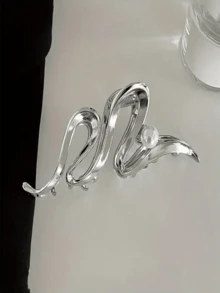 1 pezzo Elegante fermaglio per capelli extra large con decorazione in perle finte, design ondulato minimalista in lega di zinco multifunzionale, accessorio per capelli da donna e ragazza per uso quotidiano, feste, attività all'aperto, elegante fermaglio per capelli invernale