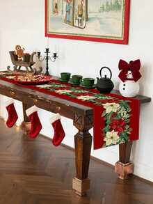 1 pieza Camino de mesa navideño rojo festivo con diseño de flor de Pascua y rama de pino - Poliéster duradero, decoración navideña rectangular para comedor, cocina, fiestas interiores/exteriores, decoraciones de mesa navideñas