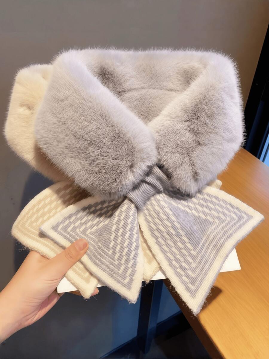 1条带毛领的围巾，厚实保暖，多功能交叉毛领围脖，适合秋冬季搭配连衣裙 - 彩色 - 查看 1