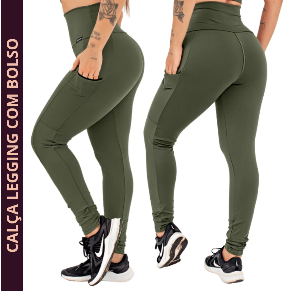 Calça Legging Feminina Academia Fitness Cintura Alta  Bolso Lateral Poliamida Zero Transparência Modela e Valoriza o Corpo - Verde Militar - Visão 1