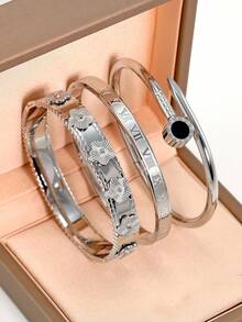 1 件罗马数字手链女士不锈钢手链套装时尚珠宝配饰，18 款镀金潮流珠宝 - 金色 - 查看 5