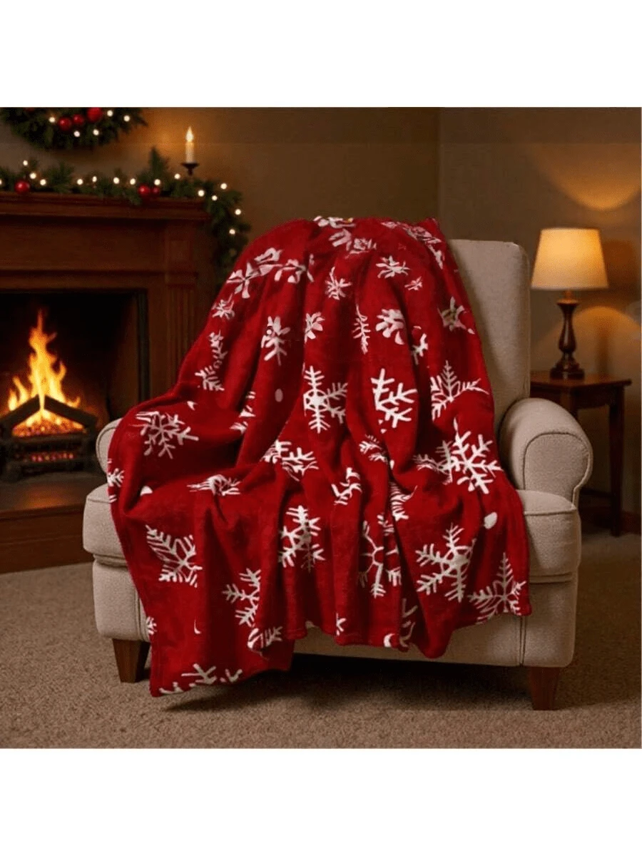 圣诞雪花/圣诞树图案毯子，红色法兰绒材质，保暖家居毯，舒适披毯，沙发毯，睡眠毯 - 酒紅色 - 查看 1