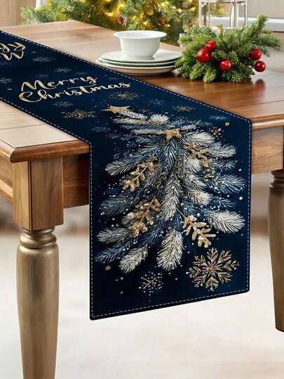 1pc, Hand-Painted Wind Golden Christmas Tree Table Runner Dark Blue Christmas Table Decoration, Suitable For Holiday Catering Machine Washable Tablecloth, Suitable For All Table Sizes.