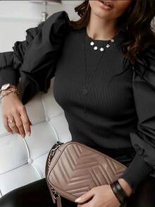 Crew Neck Fitted Puff Sleeve Splice Women Clothing Black Spring - Black - View 2