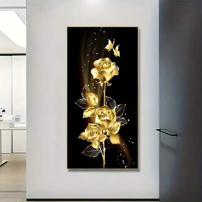1pc Golden Flower Frameless Painting, Home Decoration Painting Gold Foil Flower Living Room Porch Hanging Painting Frameless Painting Core Canvas Painting Poster