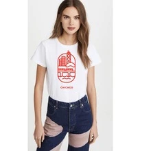Bonita camiseta informal de manga corta con cuello redondo para mujer con estampado del emblema de Chicago, corte regular, elasticidad media. - Blanco - Ver 1