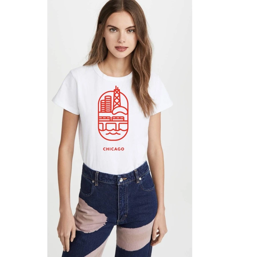 Bonita camiseta informal de manga corta con cuello redondo para mujer con estampado del emblema de Chicago, corte regular, elasticidad media. - Blanco - Ver 1