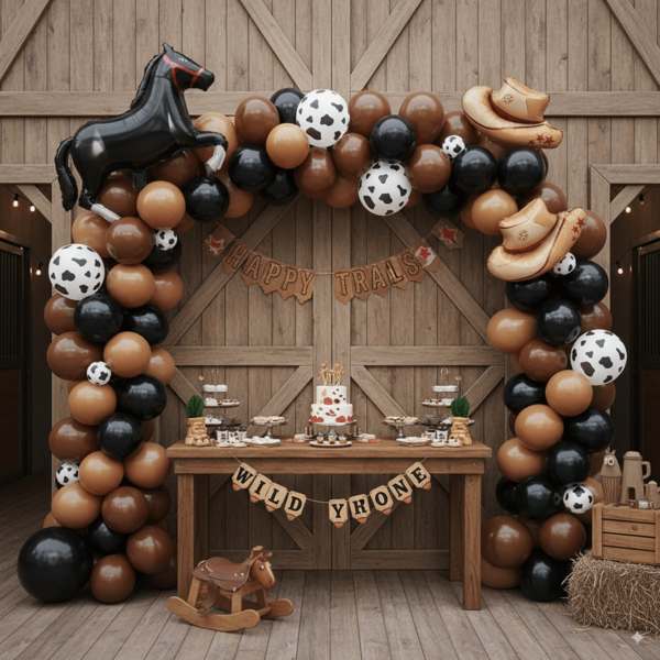 Zestaw 120 łuków balonowych z motywem kowboja z Dzikiego Zachodu, zawiera balony 5"/10"/18", kowbojskie kapelusze, balony w kształcie koni i butów - brązowe/czarne/czerwone balony lateksowe, odpowiednie na urodziny, wesele, baby shower, przyjęcie na farmie, imprezę w stylu Dzikiego Zachodu