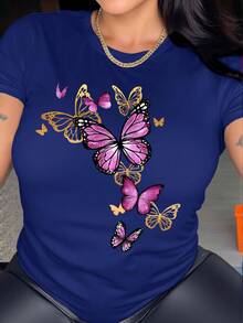 Playera manga corta con estampado de Mariposas - Azul Marino - Ver 1