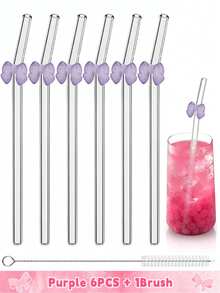 6 件可重复使用玻璃吸管，带粉色蝴蝶结，防碎，可爱弯曲饮用吸管，带清洁刷，适用于冷热饮料、茶吧饮具、新娘送礼会和热带派对的杯子配件、适用于童话花园和婚礼装饰的异想天开的饮用套装 - 彩色 - 查看 23