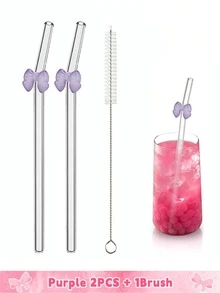 6 件可重复使用玻璃吸管，带粉色蝴蝶结，防碎，可爱弯曲饮用吸管，带清洁刷，适用于冷热饮料、茶吧饮具、新娘送礼会和热带派对的杯子配件、适用于童话花园和婚礼装饰的异想天开的饮用套装 - 彩色 - 查看 28