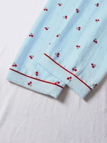 3pcs Bubble Crinkle Cherry Print Women Pajama Set - Short Sleeve Button Collar Top And Shorts + Pants - Màu xanh lam - Xem 5