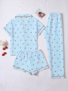 3pcs Bubble Crinkle Cherry Print Women Pajama Set - Short Sleeve Button Collar Top And Shorts + Pants - Màu xanh lam - Xem 2
