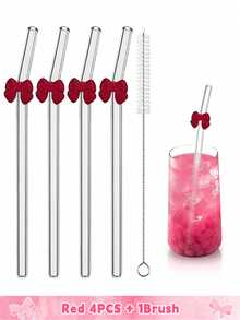 6 件可重复使用玻璃吸管，带粉色蝴蝶结，防碎，可爱弯曲饮用吸管，带清洁刷，适用于冷热饮料、茶吧饮具、新娘送礼会和热带派对的杯子配件、适用于童话花园和婚礼装饰的异想天开的饮用套装 - 彩色 - 查看 24