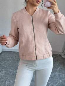 女士时尚菱形针织拉链短外套，休闲春秋新款百搭上衣