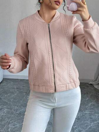 女士时尚菱形针织拉链短外套，休闲春秋新款百搭上衣