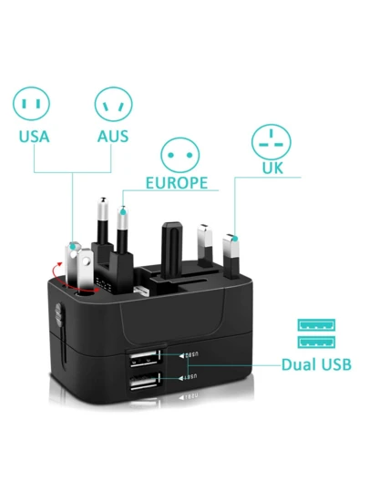 2pcs/4pcs Universal Travel Adapter, Dual USB Ports, 110V-240V Input, Power Adapter For Computer Accessories, US/EU/UK/AU Plugs, Surge Protection, Suitable For Over 150 Countries, Essential For Business Trip And Travel, For Laptop, Tablet, Notebook