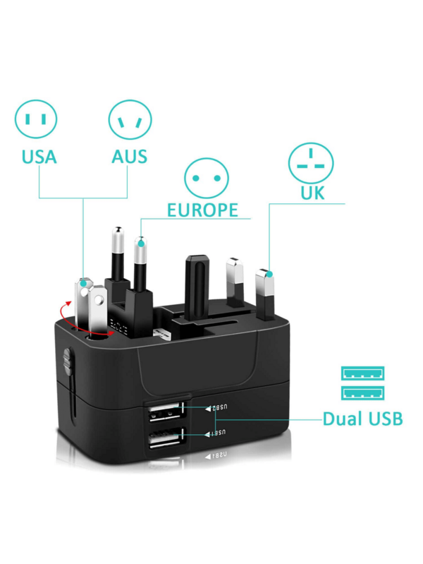 2pcs/4pcs Universal Travel Adapter, Dual USB Ports, 110V-240V Input, Power Adapter For Computer Accessories, US/EU/UK/AU Plugs, Surge Protection, Suitable For Over 150 Countries, Essential For Business Trip And Travel, For Laptop, Tablet, Notebook