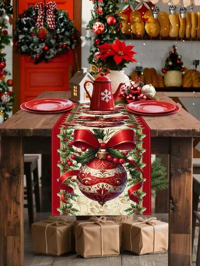 1pc Christmas Table Runner, Red Ribbon Bow Christmas Ball Holly Design For Dining Table, Kitchen, Party Decor, Christmas Table Decorations, Christmas Decorations For Home, Thanksgiving Decorations, Holiday Table Decor, Seasonal Home Decoration, Elegant Holiday Style, Sturdy Holiday Accessory, Festive Fabric Decor, Decorative Table Runner, Festive Gift Shoppers, Home Entertainers