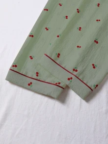3pcs Bubble Crinkle Cherry Print Women Pajama Set - Short Sleeve Button Collar Top And Shorts + Long Pants - Green - View 4