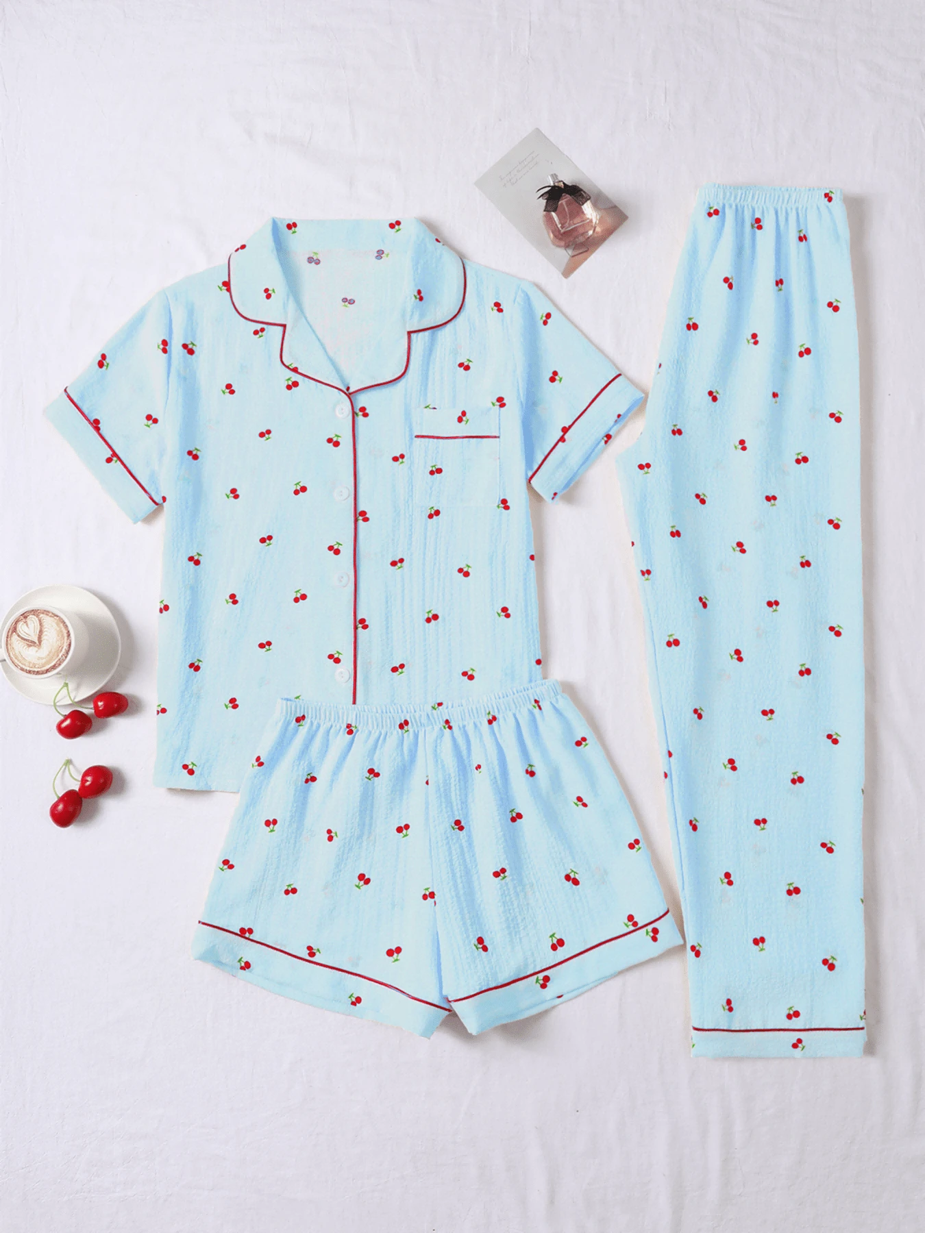 3pcs Bubble Crinkle Cherry Print Women Pajama Set - Short Sleeve Button Collar Top And Shorts + Pants - Màu xanh lam - Xem 1