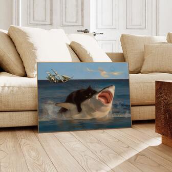 1Pc Unframed Black Cat Wall Art, Funny Quirky Cat And Shark Pictures Canvas Print, Abstract Black Cat Shark Posters, Aesthetic Room Decor, Waterproof Canvas, Wall Decor For Room Bedroom Living Room Bathroom, Home And Dormitory Decoration