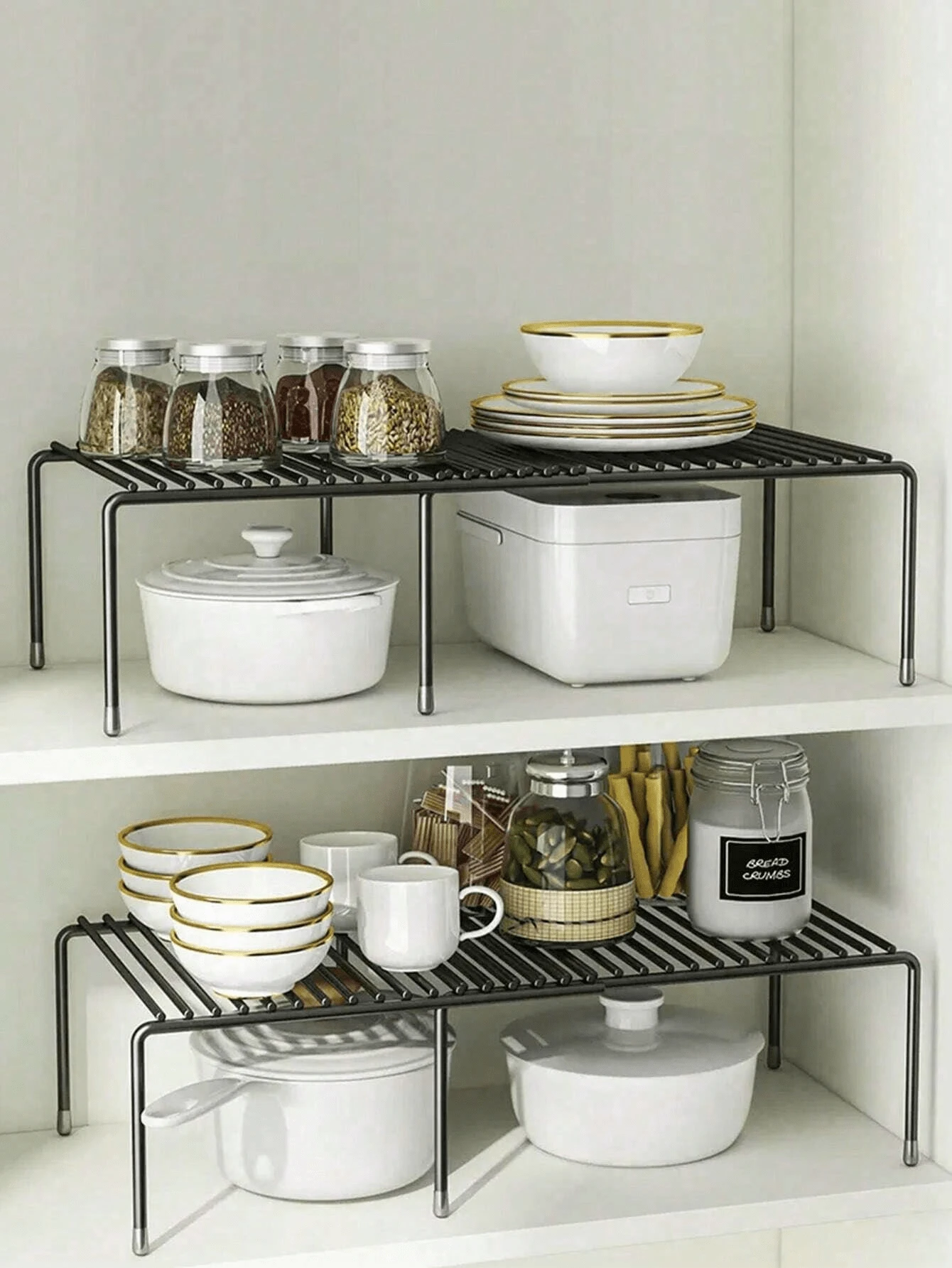 1pc Ultimate Expandable Metal Storage Rack - Space Saving, Super Durable, Adjustable Storage, Suitable For Kitchen, Pantry And Cabinets - Non-Slip Anti-Rust Spice Rack, Great For Home And Restaurant Use - Black - View 1