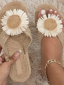 New Plus Size Women Comfortable Simple Round Toe Woven Floral Decor Flat Slide Sandals, Casual Fashion Outdoor Vacation Beach Summer Shoes