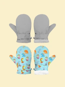 2 Pairs Toddler Boys And Girls Cartoon Print Mittens, Size M (1-2 Years Old), Waterproof Warm Winter Gloves For Outdoor, Snow, Skiing