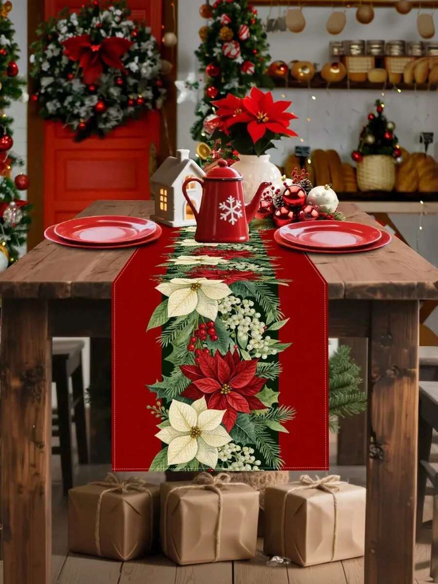 1 pieza Camino de mesa navideño rojo festivo con diseño de flor de Pascua y rama de pino - Poliéster duradero, decoración navideña rectangular para comedor, cocina, fiestas interiores/exteriores, decoraciones de mesa navideñas