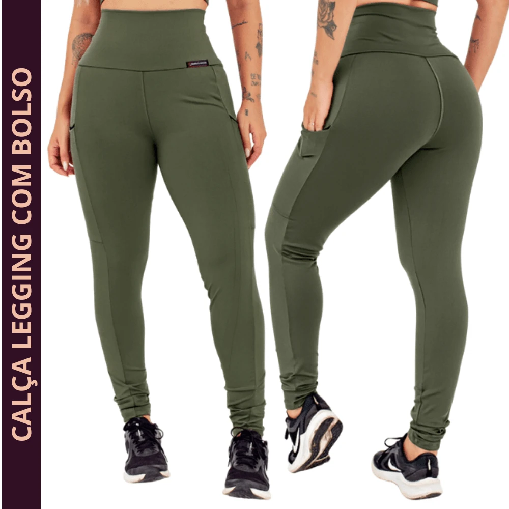 Calça Legging Feminina Academia Fitness Cintura Alta  Bolso Lateral Poliamida Zero Transparência Modela e Valoriza o Corpo - Verde Militar - Visão 8